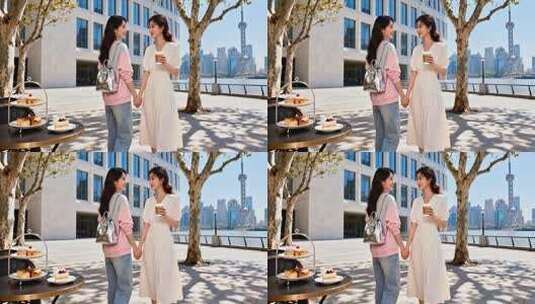 上海街头两位女子牵手场景高清在线视频素材下载