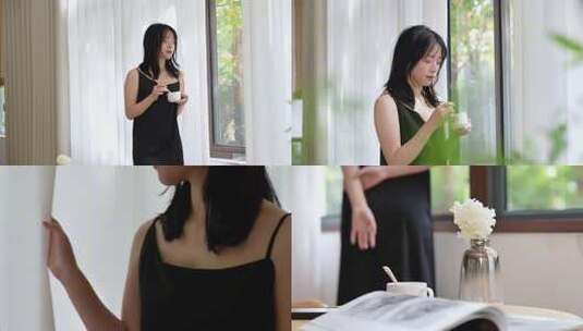 女生惬意享受阳光下午茶高清在线视频素材下载