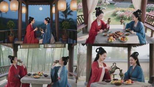 古人喝酒汉服美女喝酒古装美女喝酒聊天高清在线视频素材下载