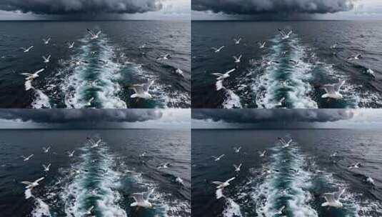 海面上飞翔的海鸥与船尾浪花高清在线视频素材下载