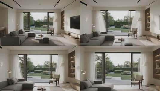 现代简约客厅落地窗花园唯美治愈场景高清在线视频素材下载