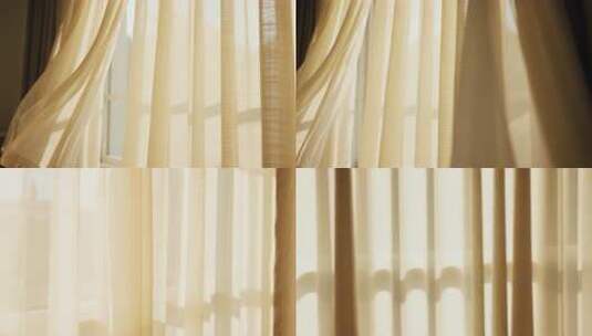 窗边轻柔飘动的米黄色窗帘高清在线视频素材下载