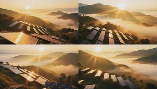 山间晨曦中的太阳能光伏板高清在线视频素材下载