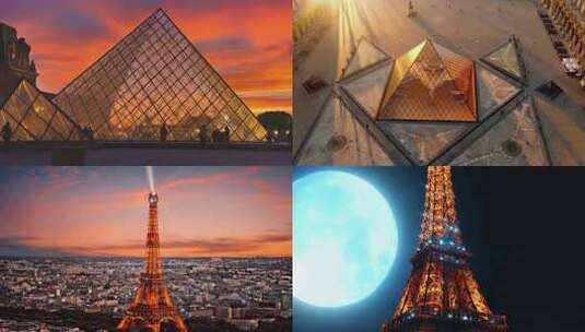 巴黎玻璃金字塔凯旋门埃菲尔铁塔法国地标高清在线视频素材下载