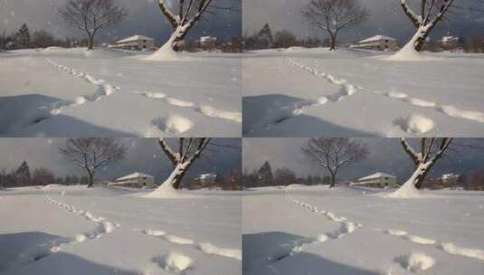 雪地足迹与远处房屋雪景高清在线视频素材下载