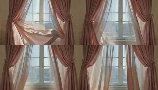 室内飘动的粉色窗帘高清在线视频素材下载