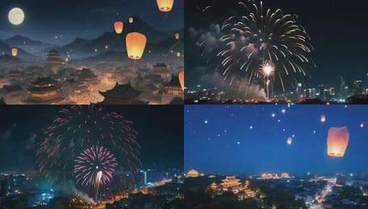 夜空中放飞孔明灯的城市景观高清在线视频素材下载