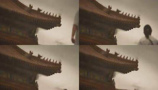 雨天故宫房檐脊兽倒影水滴涟漪高清在线视频素材下载