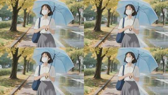 夏天雨后女孩撑伞戴口罩清新出行视频高清在线视频素材下载