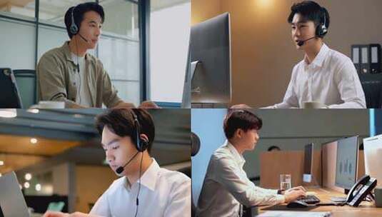戴耳机男士办公室使用电脑高清在线视频素材下载