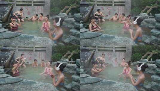 温泉中欢聚的男女高清在线视频素材下载