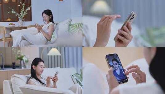 居家女人坐沙发看手机素材高清在线视频素材下载