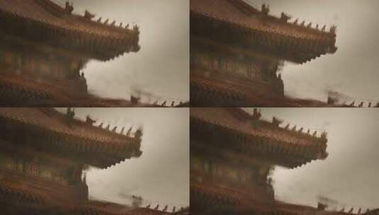 雨天故宫房檐脊兽倒影水滴涟漪高清在线视频素材下载