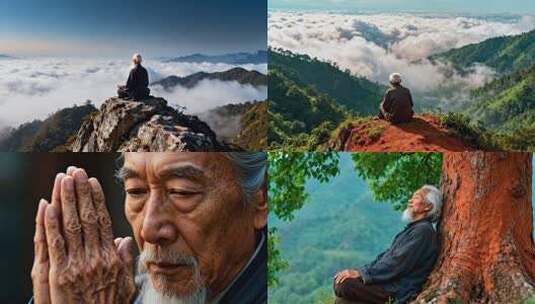 山林老人冥想山间休憩 老者与自然禅意瞬间高清在线视频素材下载
