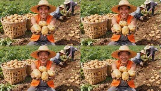 农民田间展示丰收的土豆高清在线视频素材下载