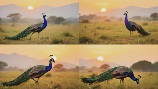 夕阳下草原上行走的孔雀高清在线视频素材下载