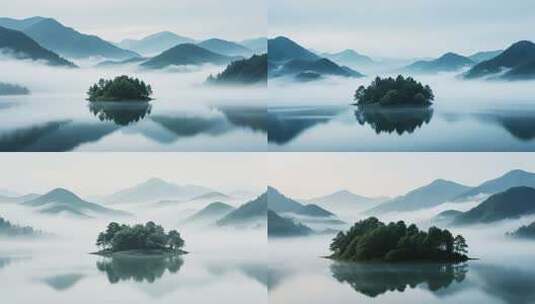 山水间云雾缭绕的湖泊景观高清在线视频素材下载