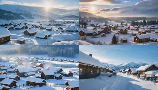 冬日雪覆盖的村庄与山林景观新疆禾木村高清在线视频素材下载