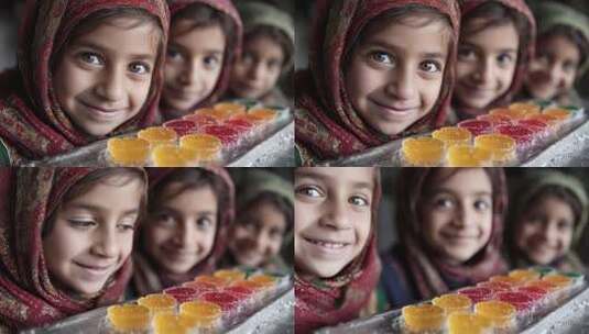 阿富汗女孩展示彩色糖果的甜蜜笑容高清在线视频素材下载