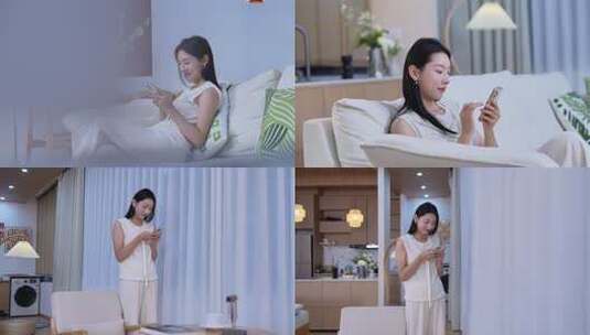 女子居家沙发上玩手机高清在线视频素材下载