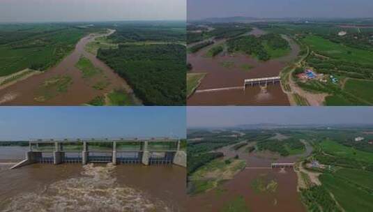航拍黑龙江雅鲁河水坝闸口泄洪自然景观河流高清在线视频素材下载