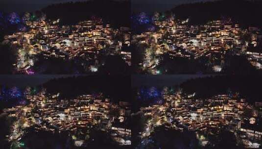 江西婺源篁岭美丽乡村夜晚航拍高清在线视频素材下载