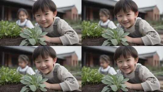 小朋友们在田园里快乐种植蔬菜高清在线视频素材下载