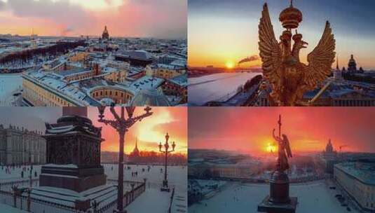 俄罗斯圣彼得堡城市冬日日落全景航拍高清在线视频素材下载