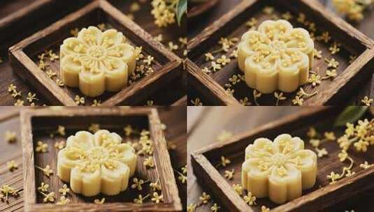 木制托盘上的桂花月饼特写高清在线视频素材下载