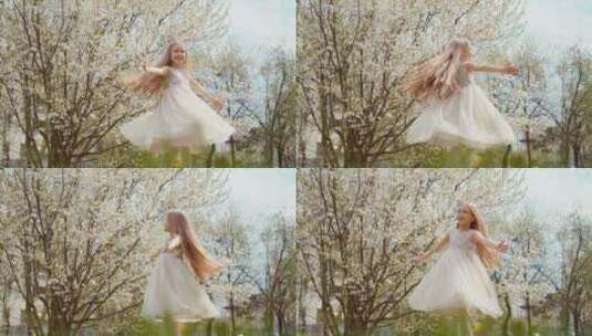 穿白色连衣裙的女孩在树木旁旋转高清在线视频素材下载