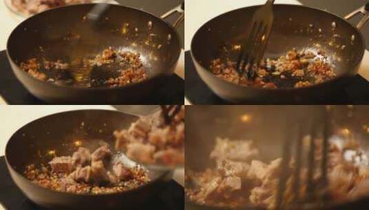 炒制香辣底料炖牛肉高清在线视频素材下载