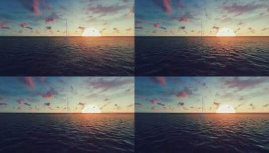 日落时分在大海中航行的3D帆船高清在线视频素材下载