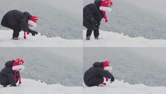 小孩雪地弯腰伸手玩耍高清在线视频素材下载