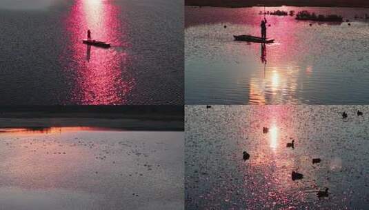 光影 小船剪影 划船 浮光跃金高清在线视频素材下载