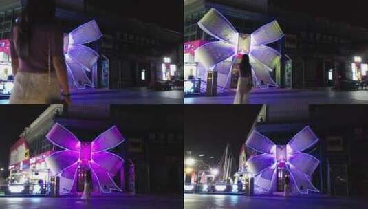 美女在东港夜景行走拍写真高清在线视频素材下载