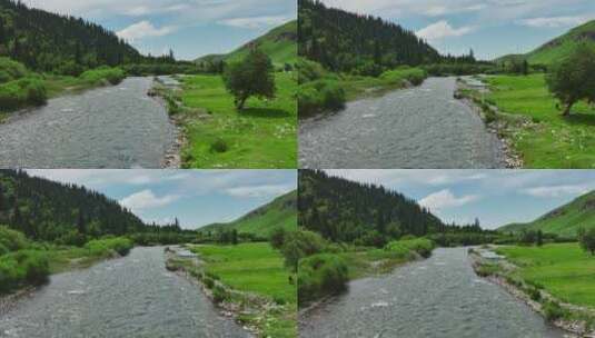航拍森林河流风景高清在线视频素材下载