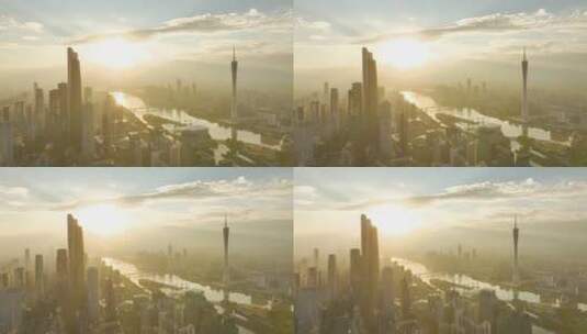 晨光下的珠江广州塔和东西塔高清在线视频素材下载