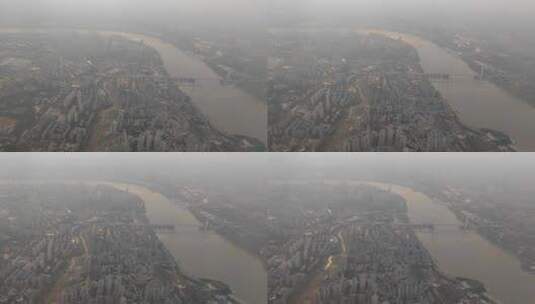 飞机窗外迷雾中的重庆市现代城市两江风光高清在线视频素材下载