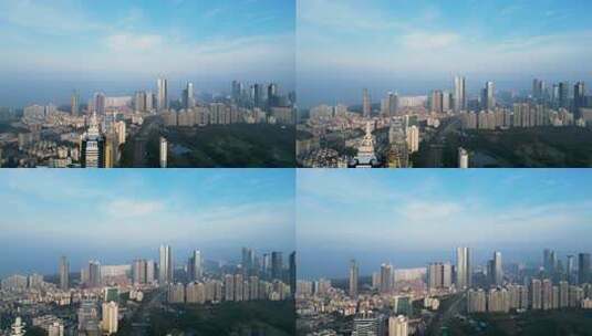 航拍深圳滨河大道西行蓝天白云的早晨高清在线视频素材下载
