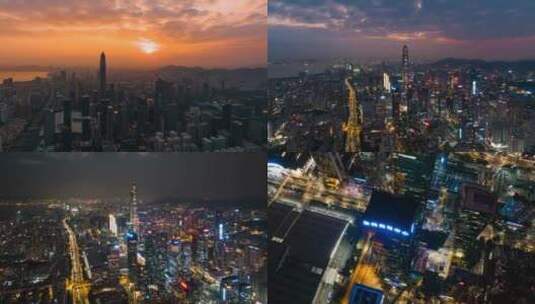 深圳市中心夜景航拍延时日转夜合集高清在线视频素材下载