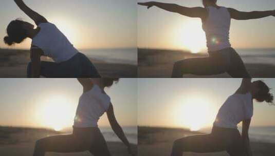 日出沙滩上做瑜伽的女人高清在线视频素材下载
