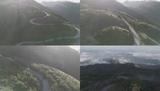 早上大山道路航拍，自然风光汽车行驶高清在线视频素材下载
