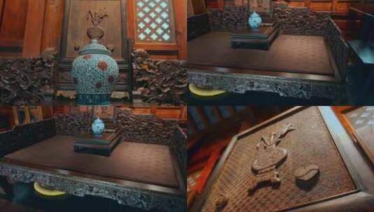 明清建筑古风家具精美茶床雕刻瓷器高清在线视频素材下载
