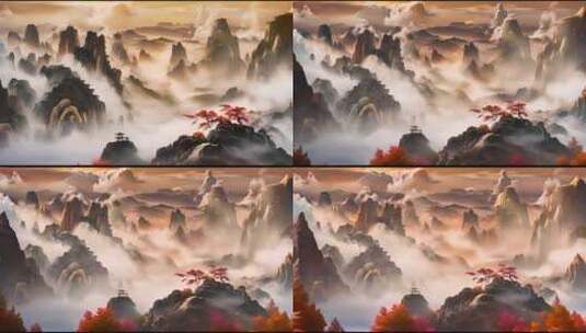中国风秋日山水层次感丰富的山脉动画高清在线视频素材下载