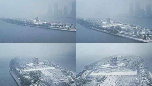 长沙橘子洲湘江大雪雪景航拍高清在线视频素材下载