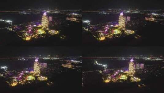 航拍三亚海棠湾夜景亚特兰蒂斯酒店高清在线视频素材下载
