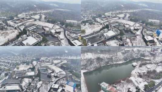 4K航拍南京老山四方当代艺术湖区雪景高清在线视频素材下载