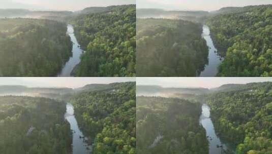 在美丽的日出中，在薄雾中飞越河流高清在线视频素材下载