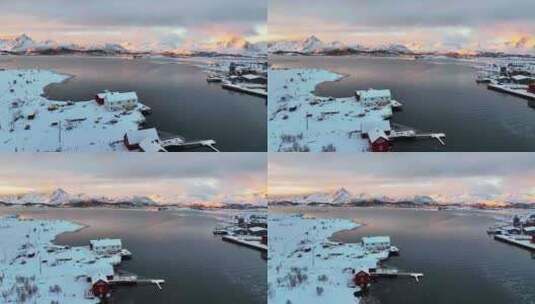 挪威罗弗敦群岛北极圈雷纳冬季雪景高空航拍高清在线视频素材下载