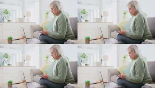 笔记本电脑，写作和投资，与一位老妇人在客高清在线视频素材下载